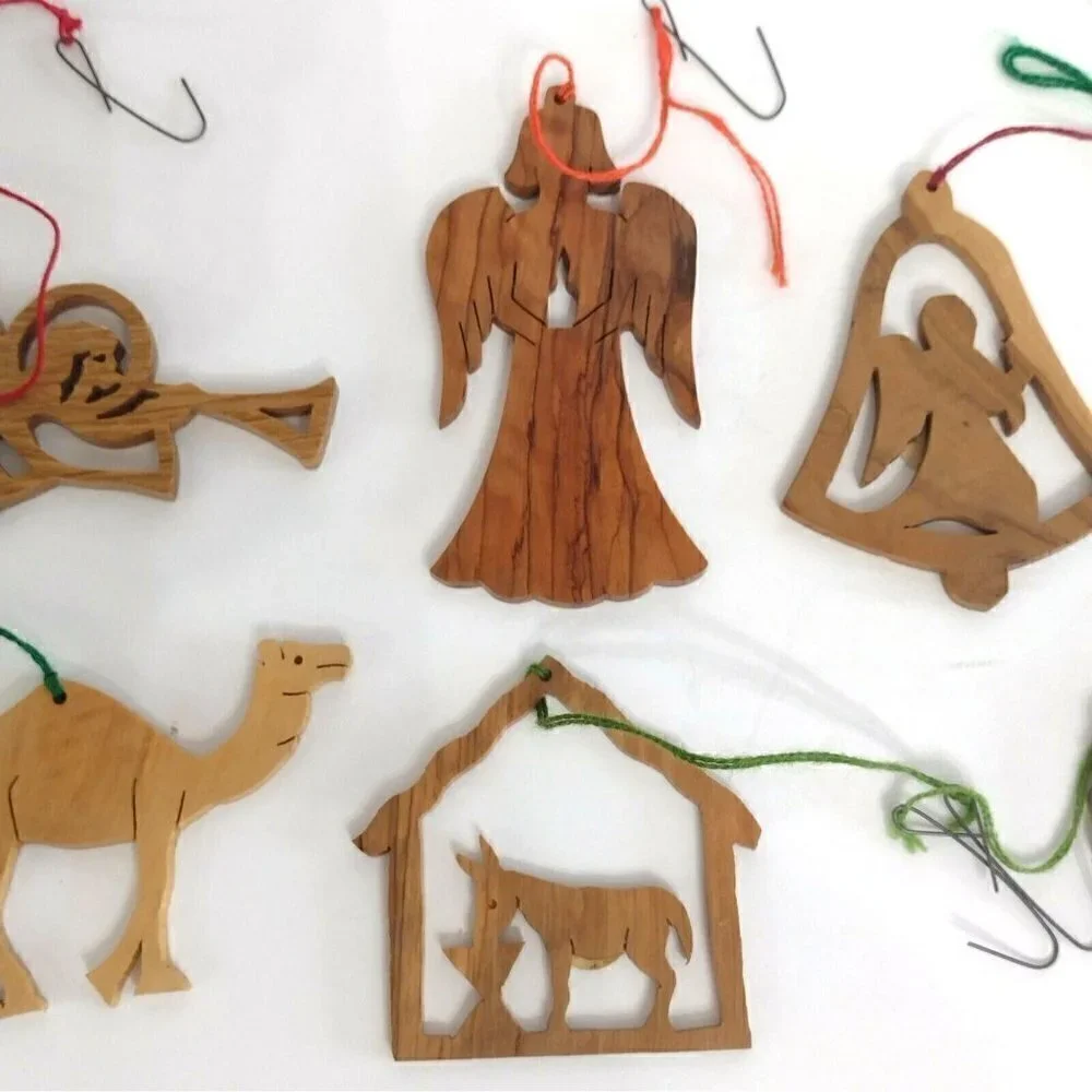 Vintage Lot of 7 Carved Olive Wood Christmas Tree Ornaments Bethlehem